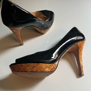 Patent Leather peep toe pumps with Wooden heels